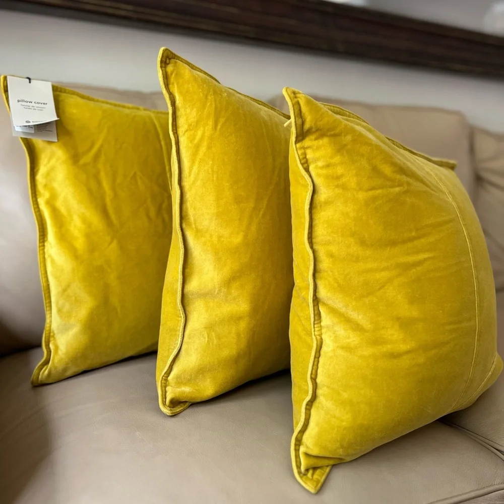 West Elm Velvet Washable Throw Pillow Cover Case Gold Yellow 18x18 Boho Chic